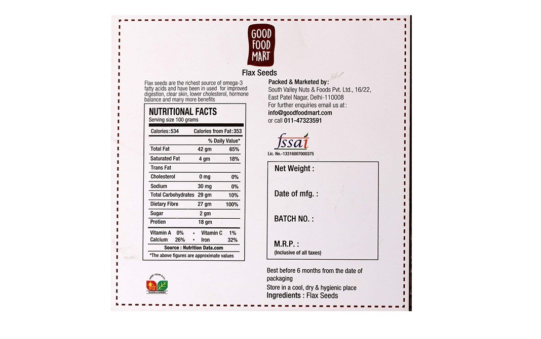 Good Food Mart Flax Seeds    Pack  900 grams